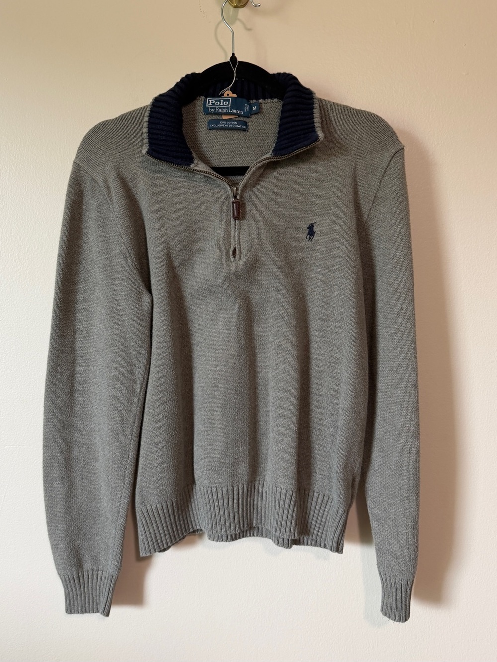 vintage ralph lauren 100% cotton grey and navy  1/4 quarter zip pullover size M